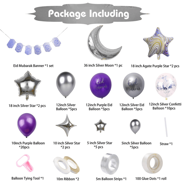 69 piece Eid Mubarak Silver and Purple Balloon Kit with Bunting