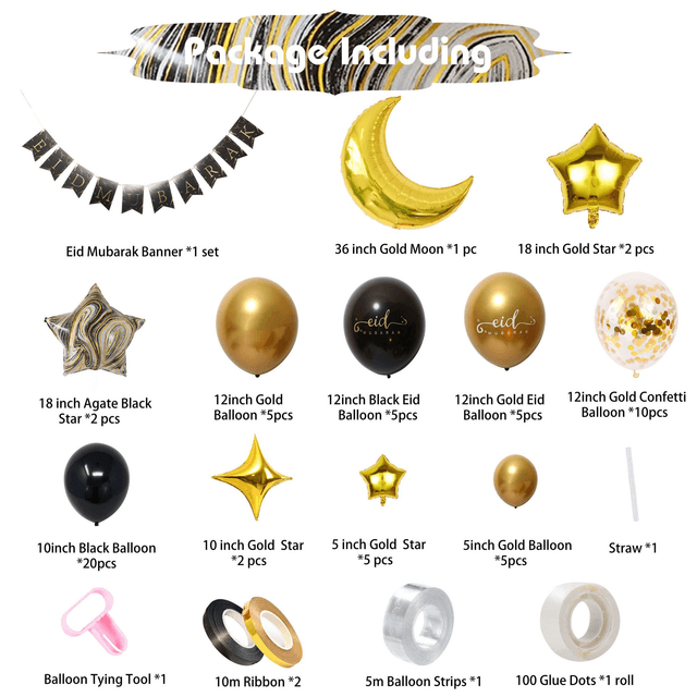 69 piece Eid Mubarak Gold and Black Balloon Kit with Bunting