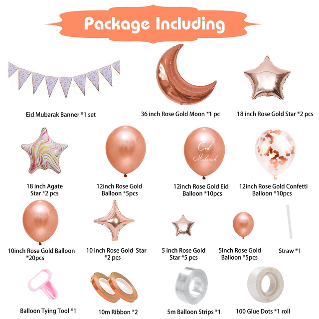69 piece Eid Mubarak Rose Gold Balloon Kit with Bunting