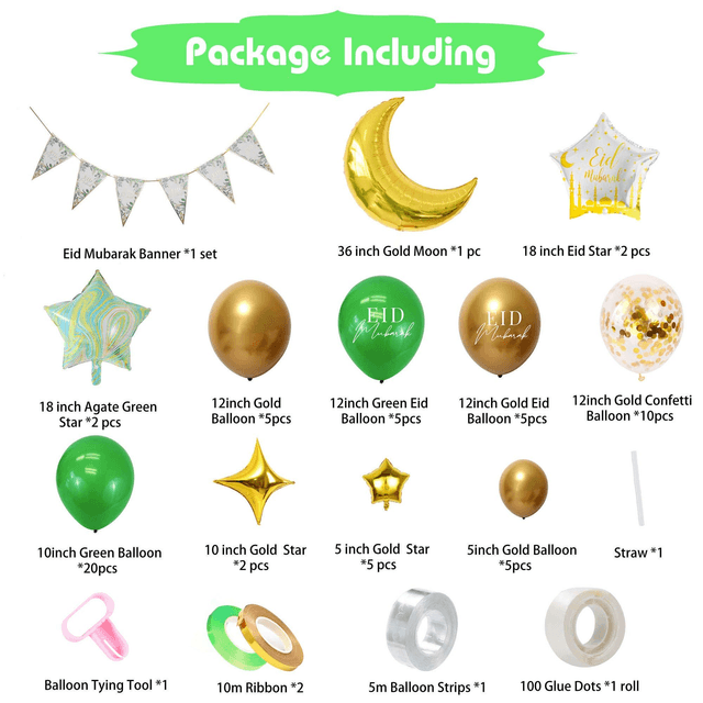 69 piece Eid Mubarak Green and Gold Balloon Kit with Bunting