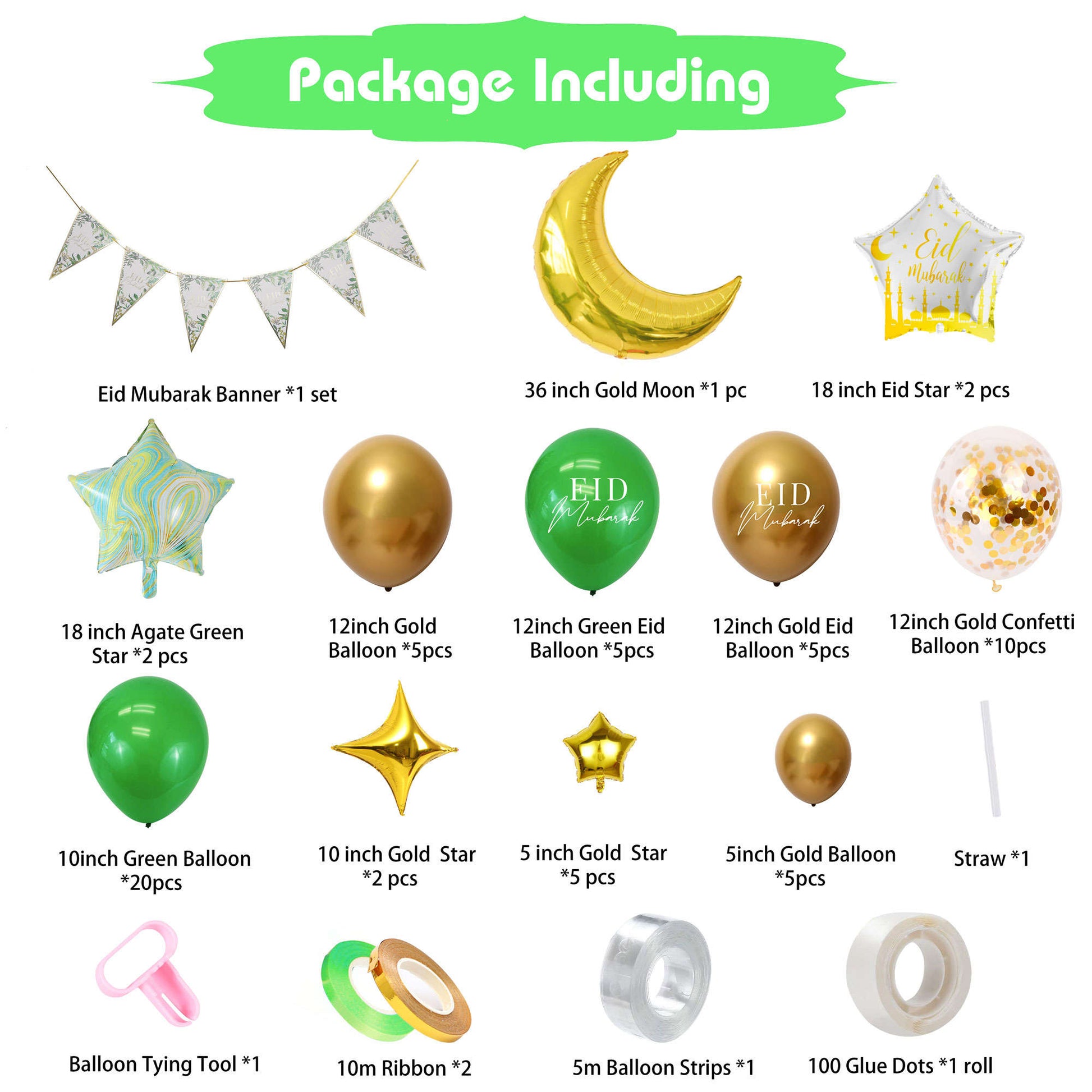 Green and Gold Eid Balloon Kit | Green Gold Balloon Kit| Party Mubarak