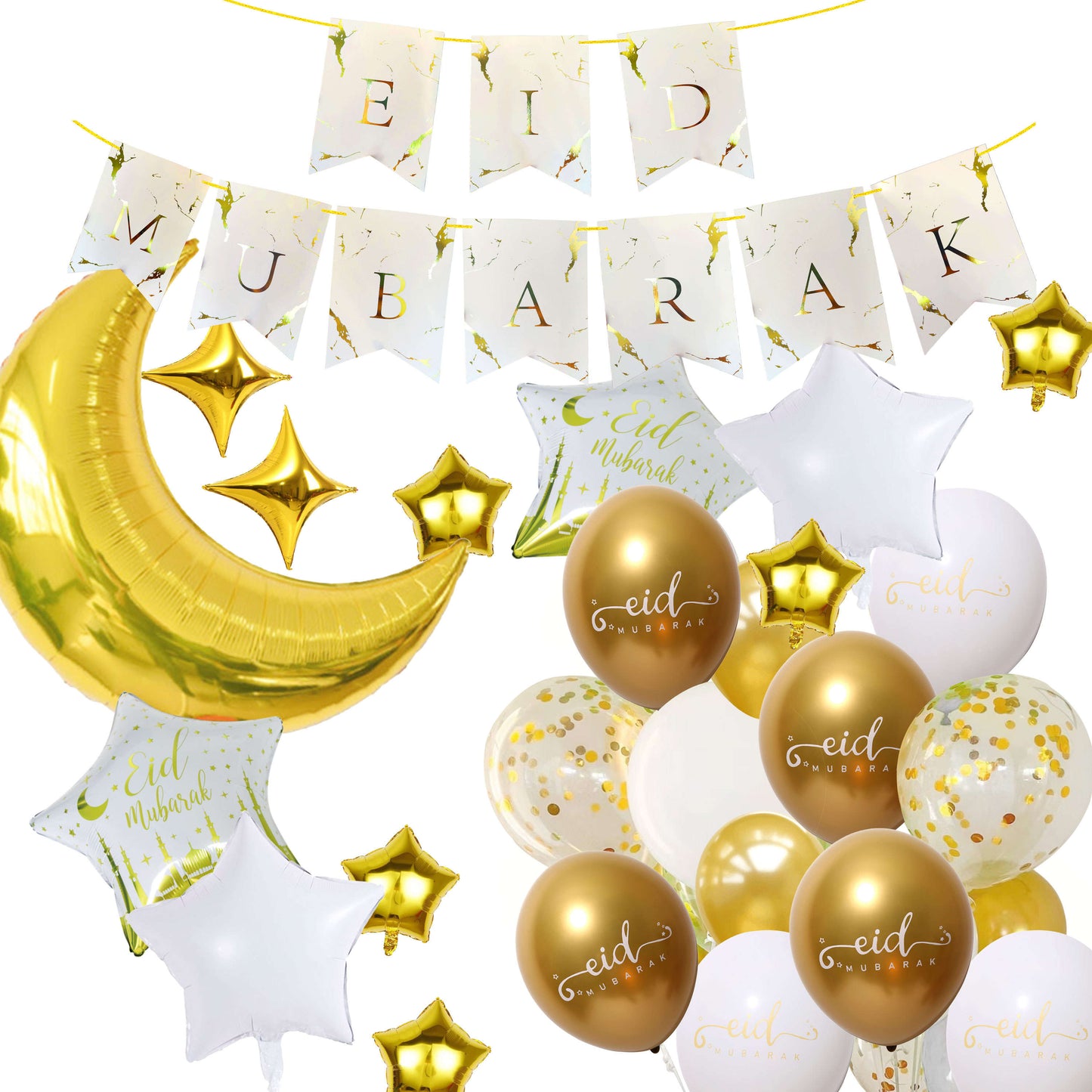 Gold White Eid Balloons | Gold and White Balloon Kit | Party Mubarak