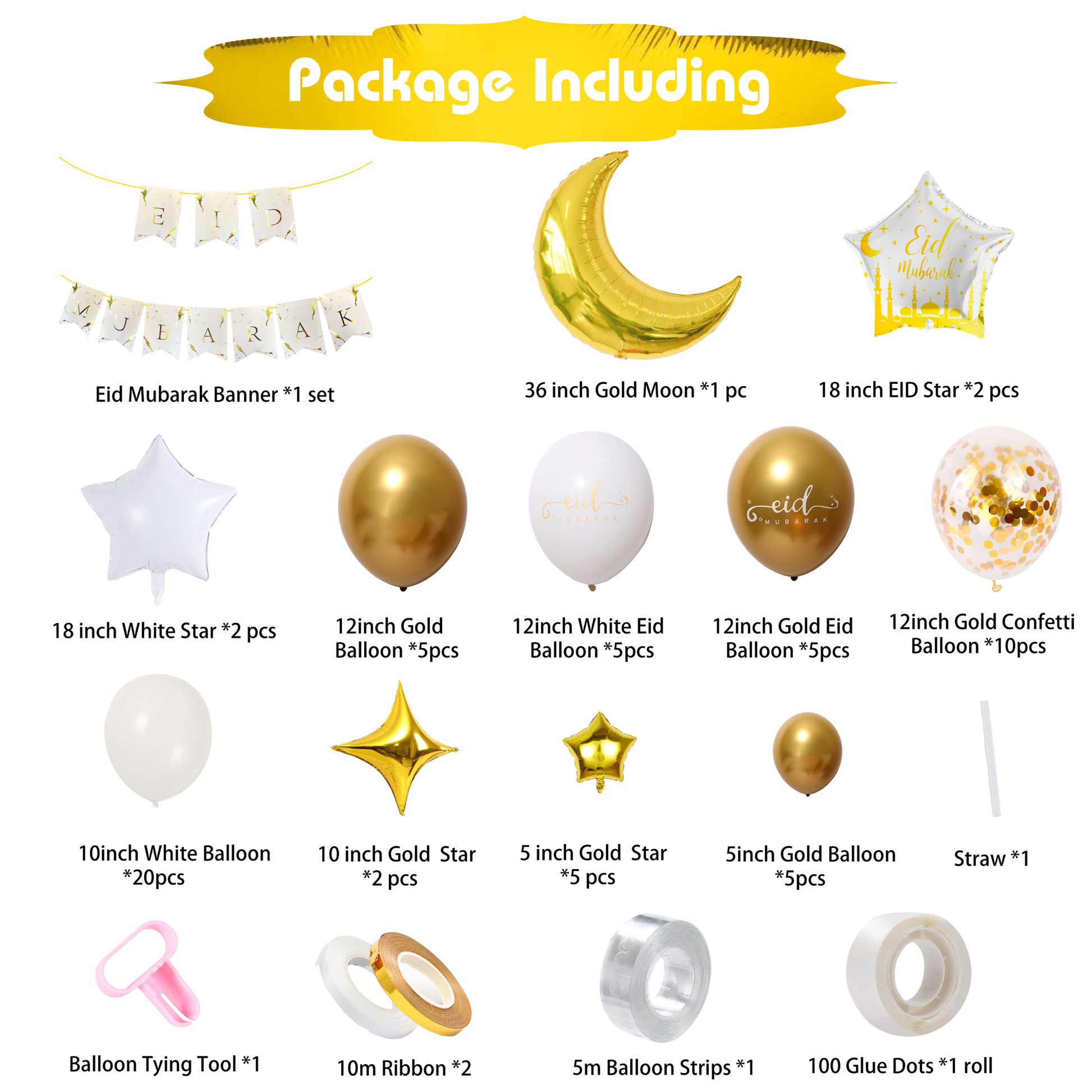 Gold White Eid Balloons | Gold and White Balloon Kit | Party Mubarak